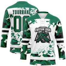 Laden Sie das Bild in den Galerie-Viewer, Custom Camo Kelly Green Black-White Splash Hockey Lace Neck Jersey
