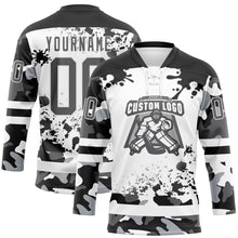 Laden Sie das Bild in den Galerie-Viewer, Custom Camo Steel Gray Black-White Splash Hockey Lace Neck Jersey
