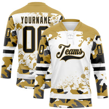 Laden Sie das Bild in den Galerie-Viewer, Custom Camo Black Old Gold-White Splash Hockey Lace Neck Jersey
