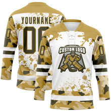 Laden Sie das Bild in den Galerie-Viewer, Custom Camo Olive Old Gold-White Splash Hockey Lace Neck Jersey
