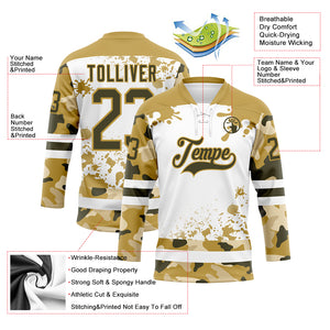 Custom Camo Olive Old Gold-White Splash Hockey Lace Neck Jersey