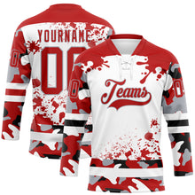 Laden Sie das Bild in den Galerie-Viewer, Custom Camo Red Black Gray-White Splash Hockey Lace Neck Jersey

