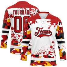 Laden Sie das Bild in den Galerie-Viewer, Custom Camo Red Black-White Splash Hockey Lace Neck Jersey
