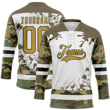 Laden Sie das Bild in den Galerie-Viewer, Custom Camo Old Gold Olive Black-White Splash Hockey Lace Neck Jersey
