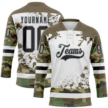 Laden Sie das Bild in den Galerie-Viewer, Custom Camo Black Olive Gray-White Splash Hockey Lace Neck Jersey
