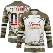Загрузить изображение в средство просмотра галереи, Custom Camo Vintage USA Flag Olive Black Cream-White Splash Hockey Lace Neck Jersey
