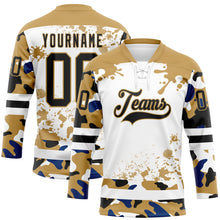 Laden Sie das Bild in den Galerie-Viewer, Custom Camo Black Old Gold-White Splash Hockey Lace Neck Jersey
