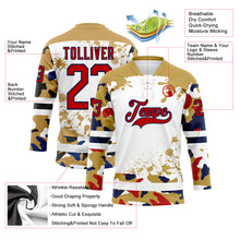 Laden Sie das Bild in den Galerie-Viewer, Custom Camo Red Old Gold Navy-White Splash Hockey Lace Neck Jersey
