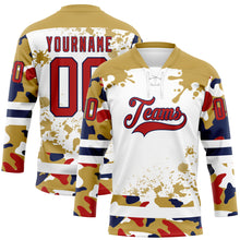 Laden Sie das Bild in den Galerie-Viewer, Custom Camo Red Old Gold Navy-White Splash Hockey Lace Neck Jersey
