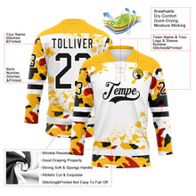 Laden Sie das Bild in den Galerie-Viewer, Custom Camo Black Gold-White Splash Hockey Lace Neck Jersey
