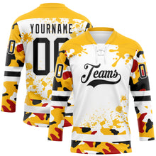 Laden Sie das Bild in den Galerie-Viewer, Custom Camo Black Gold-White Splash Hockey Lace Neck Jersey
