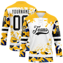 Laden Sie das Bild in den Galerie-Viewer, Custom Camo Black Gold-White Splash Hockey Lace Neck Jersey
