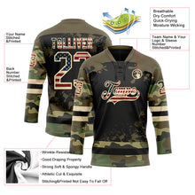 Загрузить изображение в средство просмотра галереи, Custom Camo Vintage USA Flag Olive Black-Cream Splash Hockey Lace Neck Jersey
