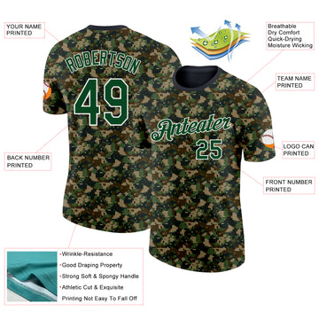 Custom Camo Green-White Woodland Digital Camouflage Pixel Salute To Service Performance T-Shirt