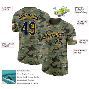 Custom Camo Navy-Gold Woodland Forest Digital Camouflage Pixel Salute To Service Performance T-Shirt