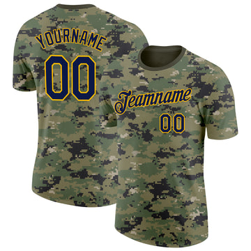 Custom Camo Navy-Gold Woodland Forest Digital Camouflage Pixel Salute To Service Performance T-Shirt
