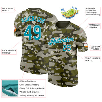 Custom Camo Teal-White Woodland Forest Digital Camouflage Pixel Salute To Service Performance T-Shirt