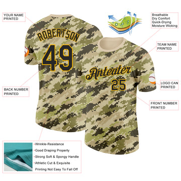 Custom Camo Black-Gold Desert Digital Camouflage Pixel Salute To Service Performance T-Shirt