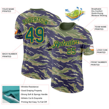 Custom Camo Midnight Green-Gold Tiger Stripe Camouflage Salute To Service Performance T-Shirt