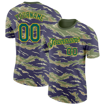 Custom Camo Midnight Green-Gold Tiger Stripe Camouflage Salute To Service Performance T-Shirt