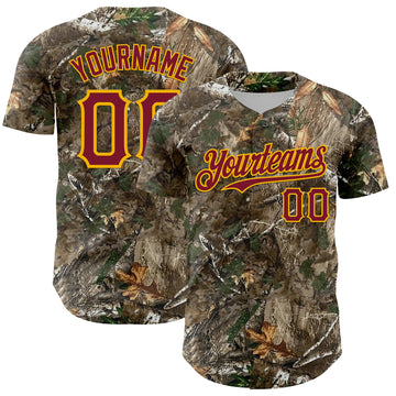 Custom Camo Crimson-Gold Woodland Forest Camouflage Authentic Salute To Service Baseball Jersey