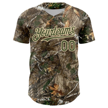 Custom Camo Olive-Cream Woodland Forest Camouflage Authentic Salute To Service Baseball Jersey