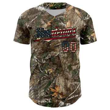 Custom Camo Vintage USA Flag Olive-Black Woodland Forest Camouflage Authentic Salute To Service Baseball Jersey