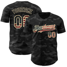 Charger l'image dans la galerie, Custom Camo Vintage USA Flag Black-Cream Dark Camouflage Tactical Style Authentic Salute To Service Baseball Jersey
