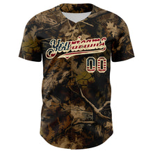 Загрузить изображение в средство просмотра галереи, Custom Camo Vintage USA Flag Cream-Black Woodland Forest Tactical Camouflage Outdoor Leaf Authentic Baseball Jersey

