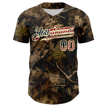 Custom Camo Vintage USA Flag Cream-Black Woodland Forest Tactical Camouflage Outdoor Leaf Authentic Baseball Jersey
