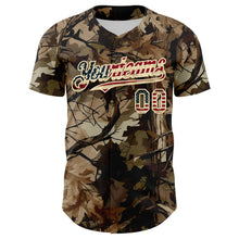 Charger l'image dans la galerie, Custom Camo Vintage USA Flag Cream-Black Woodland Forest Tactical Camouflage Outdoor Leaf Authentic Baseball Jersey
