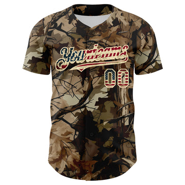Custom Camo Vintage USA Flag Cream-Black Woodland Forest Tactical Camouflage Outdoor Leaf Authentic Baseball Jersey