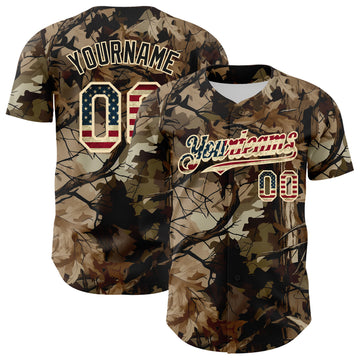 Custom Camo Vintage USA Flag Cream-Black Woodland Forest Tactical Camouflage Outdoor Leaf Authentic Baseball Jersey