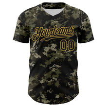 Charger l'image dans la galerie, Custom Camo Black-Old Gold Woodland Forest Tactical Camouflage Outdoor Leaf Authentic Baseball Jersey

