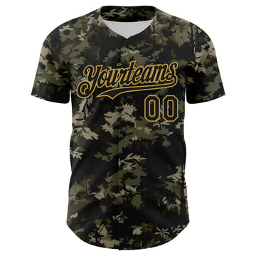 Custom Camo Black-Old Gold Woodland Forest Tactical Camouflage Outdoor Leaf Authentic Baseball Jersey