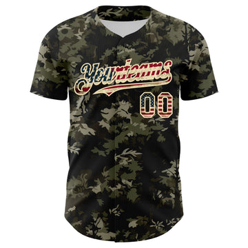 Custom Camo Vintage USA Flag Cream-Black Woodland Forest Tactical Camouflage Outdoor Leaf Authentic Baseball Jersey