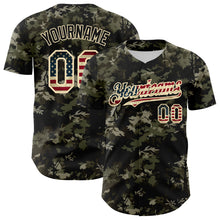 Load image into Gallery viewer, Custom Camo Vintage USA Flag Cream-Black Woodland Forest Tactical Camouflage Outdoor Leaf Authentic Baseball Jersey
