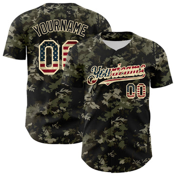 Custom Camo Vintage USA Flag Cream-Black Woodland Forest Tactical Camouflage Outdoor Leaf Authentic Baseball Jersey
