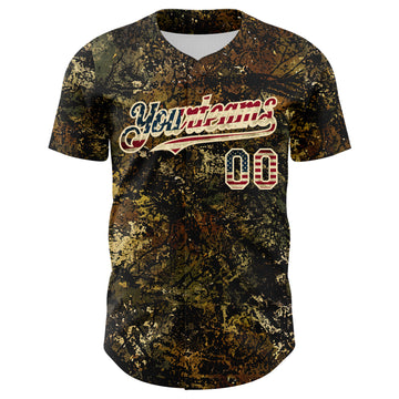 Custom Camo Vintage USA Flag Cream-Black Woodland Forest Tactical Camouflage Outdoor Leaf Authentic Baseball Jersey