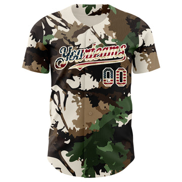 Custom Camo Vintage USA Flag Cream-Brown Woodland Forest Tactical Camouflage Outdoor Leaf Authentic Baseball Jersey