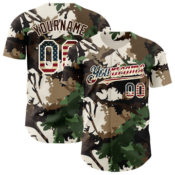 Custom Camo Vintage USA Flag Cream-Brown Woodland Forest Tactical Camouflage Outdoor Leaf Authentic Baseball Jersey