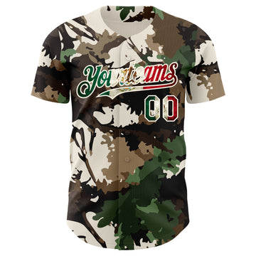 Custom Camo Vintage Mexican Flag Cream-Red Woodland Forest Tactical Camouflage Outdoor Leaf Authentic Baseball Jersey