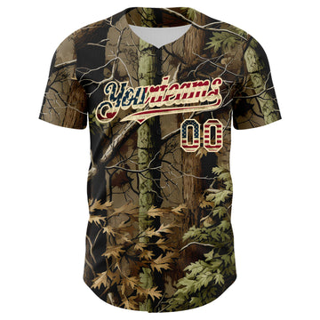 Custom Camo Vintage USA Flag Cream-Brown Woodland Forest Tactical Camouflage Outdoor Leaf Authentic Baseball Jersey