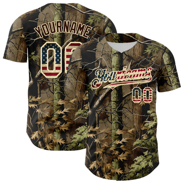 Custom Camo Vintage USA Flag Cream-Brown Woodland Forest Tactical Camouflage Outdoor Leaf Authentic Baseball Jersey