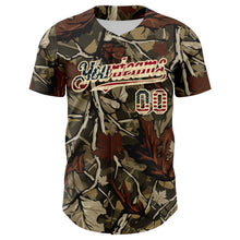 Load image into Gallery viewer, Custom Camo Vintage USA Flag Cream-Olive Woodland Forest Tactical Camouflage Outdoor Leaf Authentic Baseball Jersey
