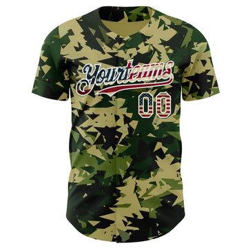 Custom Camo Vintage USA Flag Cream-White Woodland Geometric Camouflage Authentic Baseball Jersey