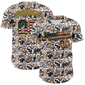 Custom Camo Vintage USA Flag Black-Old Gold Digital Camouflage Authentic Baseball Jersey
