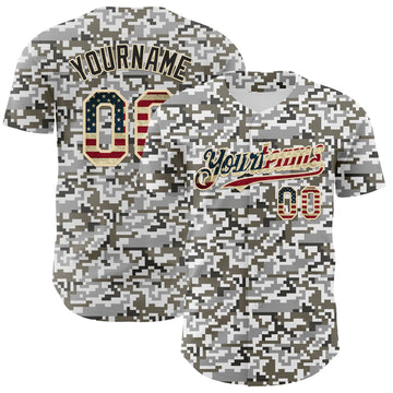 Custom Camo Vintage USA Flag Cream-Black Digital Camouflage Authentic Baseball Jersey