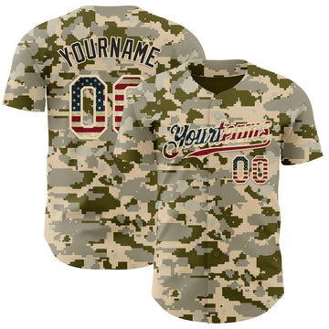 Custom Camo Vintage USA Flag Cream-Black Digital Camouflage Authentic Baseball Jersey
