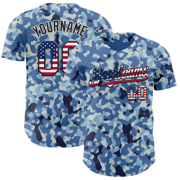 Custom Camo USA Flag Black-White Blue Ocean Camouflage Authentic Baseball Jersey